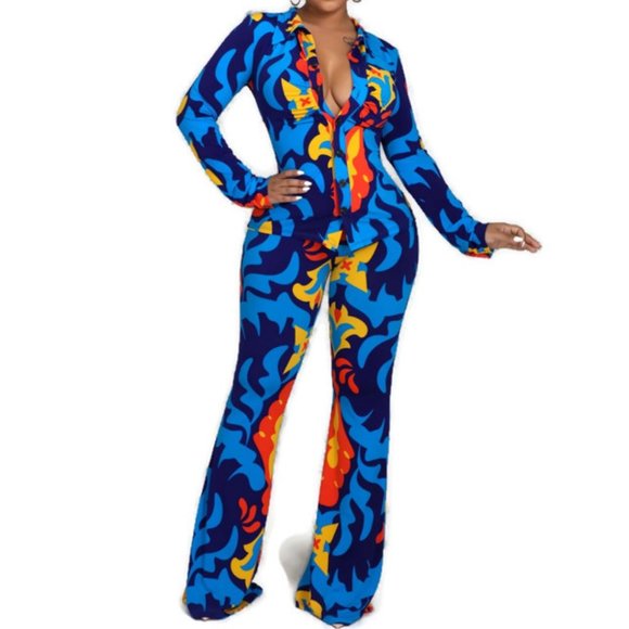 Capri Flaming Love Casual Long Sleeve Blouse Pant Suit - Picture 2 of 5